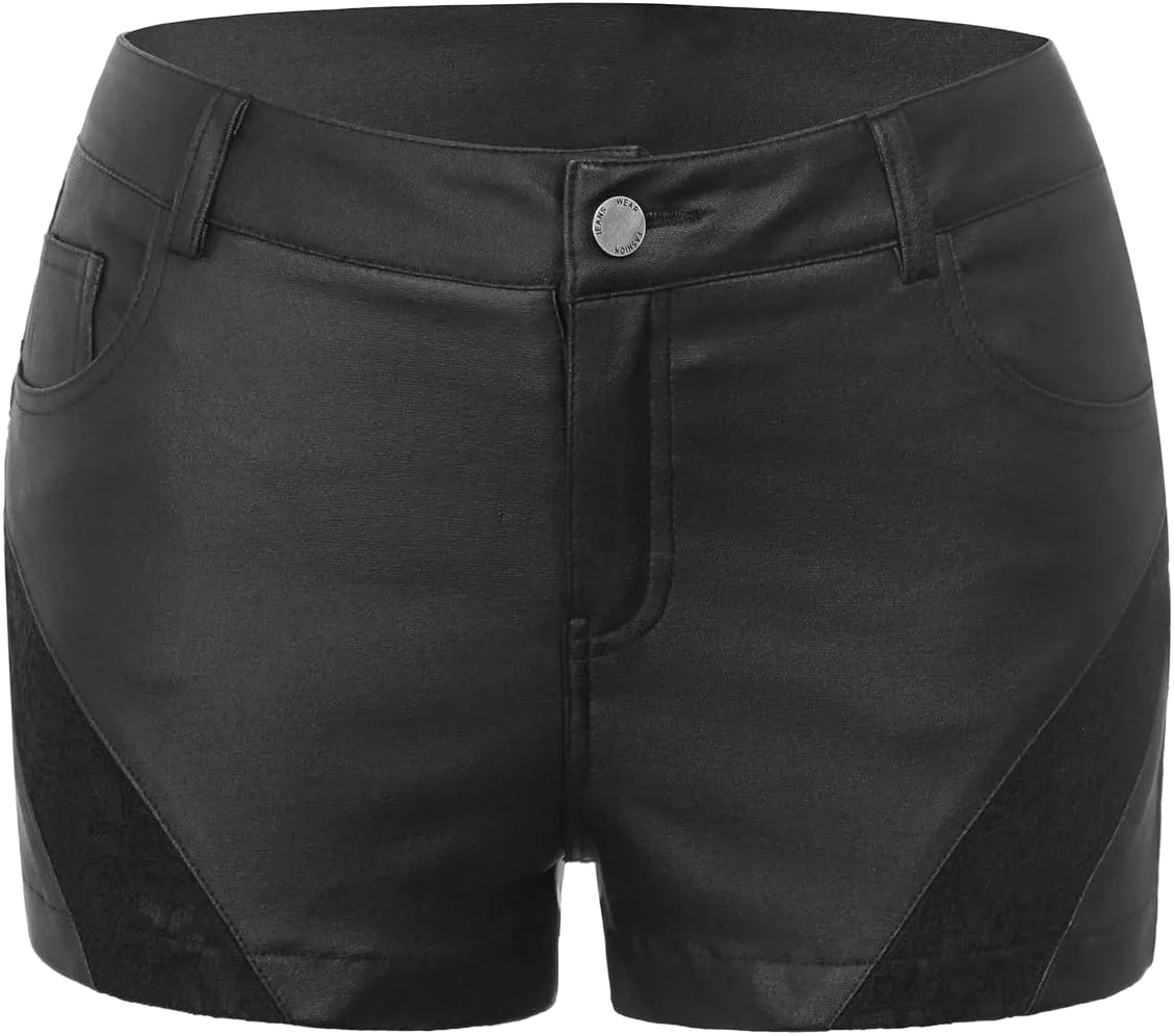 Women's High Waisted Faux Leather Look Stretchy Skinny PU Coated Denim Shorts with Pockets