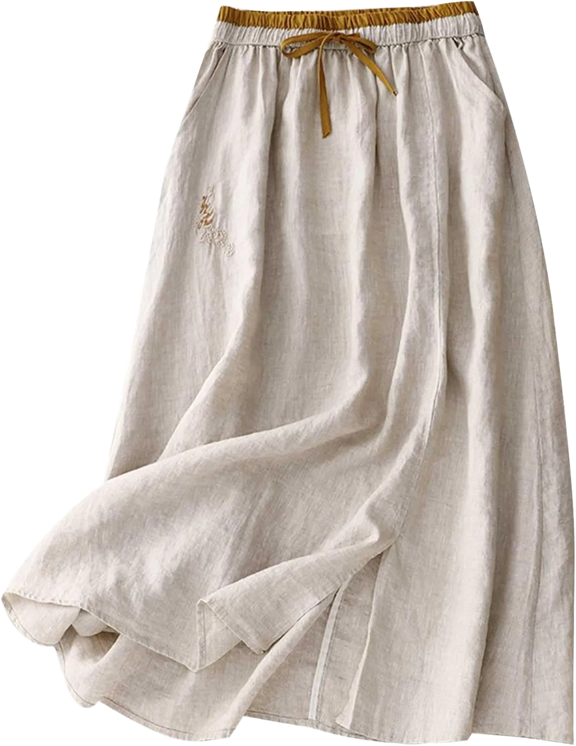 Embroidery Maxi Skirts for Women with Pockets Midi Length Long Skirt Casual Beach Party Holiday Cotton Linen Skirt Beige XX-Large