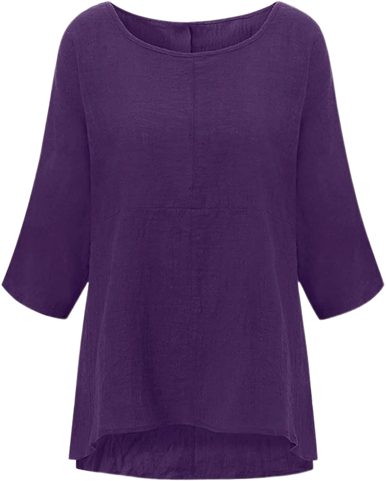 lcziwo Women Solid Linen Blouse Summer Breathable Three Quarter Sleeve Round Neck Relax Fit Loungewear Tunic Shirt Purple 4X-Large