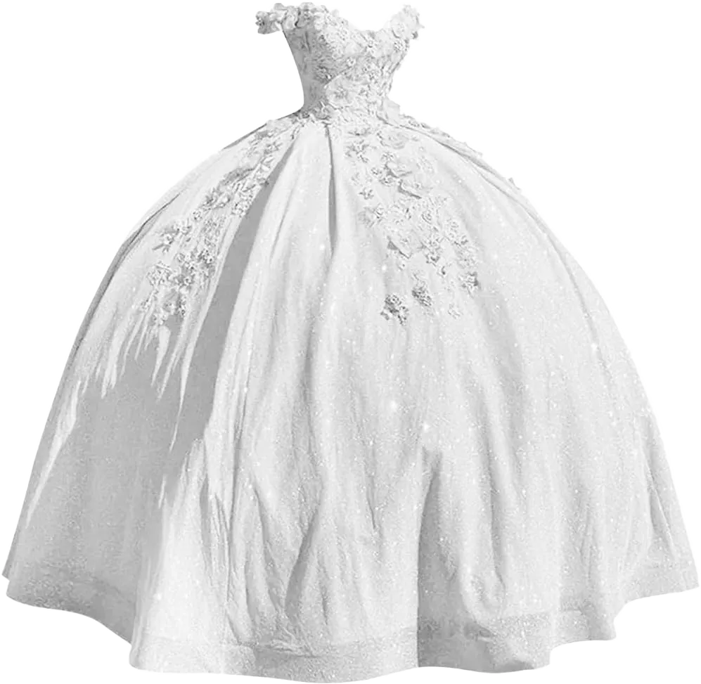 Women's Glitter Tulle Quinceanera Dresses Ball Gown Lace Prom Dress Off Shoulder Princess Sweet 16 Dresses 16 White