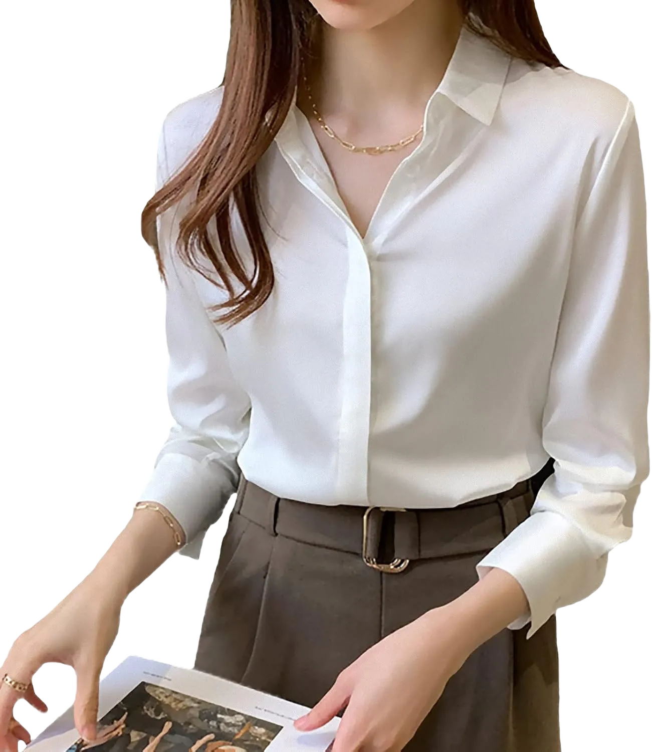 Women's Satin Blouse Fashion Long Sleeve Satin Silk Shirt Work Office Top Casual Shirt White Large
