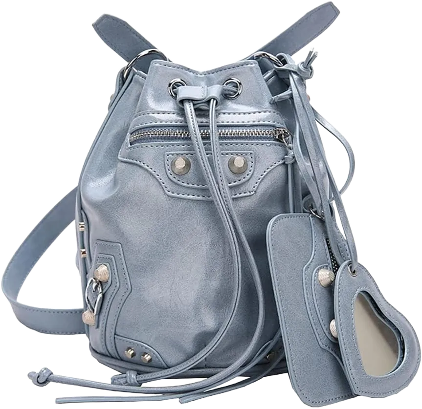 Large Capacity Bucket Bag Purses For Women, Cool Studded Punk Motocycle Crossbody Bag,PU Leather Drawstring Shoulder City Bag (Blue)