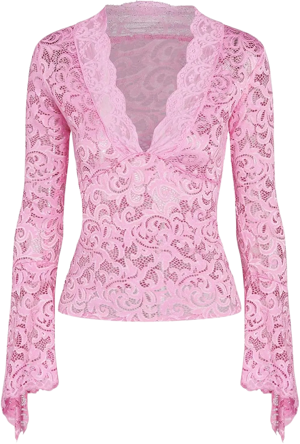 Women’s Crop T-Shirts Sexy See Through Deep V Neck Lace FlaBrown Long Sleeve Slim Fit Party Clubwear Tee Shirts Blouse Tops X-Small Pink