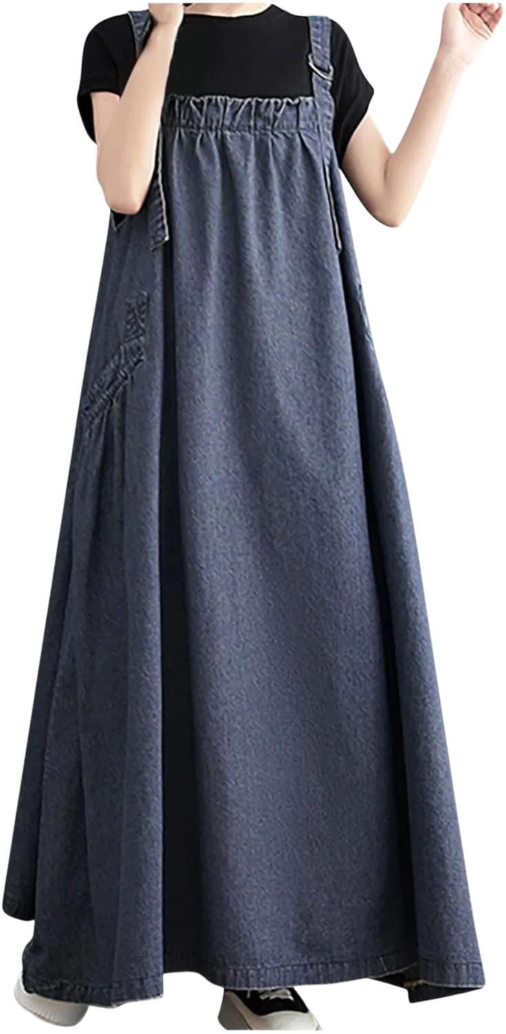 Women Denim Overall Dress Adjustable Strap Distressed Pinafore Loose Fit Casual Maxi Baggy Jean Skirt with Pockets