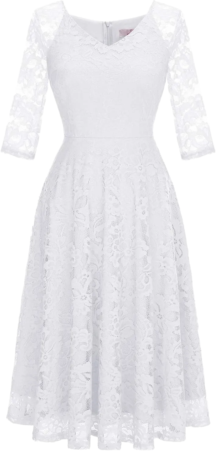 Dressystar Womens Long-Sleeve Wedding Guest Dress A-Line Lace Formal Party Cocktaill Midi Dress Prom Gown White Medium