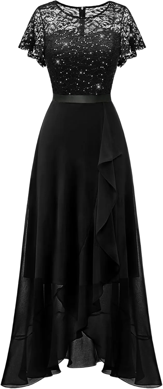 BeryLove Formal Dresses for Women 2025 Wedding Guest with Slit Cocktail Elegant Lace Long Prom Dress Large Black Sequin