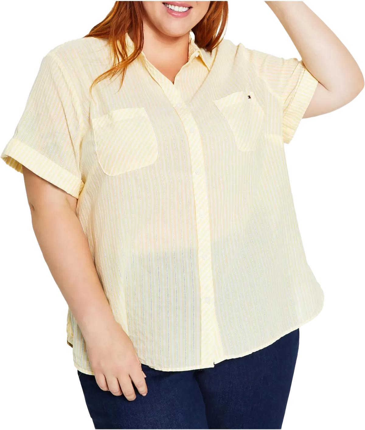 Tommy Hilfiger Womens Plus Dobby Cotton Striped Button-Down Top
