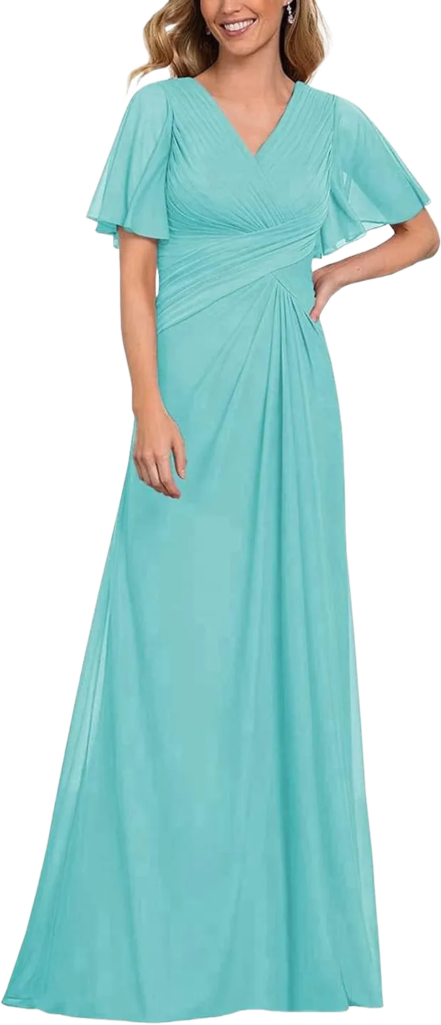 Chiffon Plus Size Mother of The Bride Dress Long Ruched Pleated V Neck A Line Ruffle Sleeves Formal Evening Gown LYQ48 Turquoise