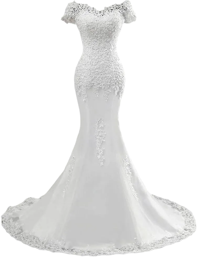 XYAYE Women's Lace Mermaid Wedding Dresses for Bride Sequins Bridal Dresses Off The Shoulder Bridal Gowns with Sweep Train 12 Ivory
