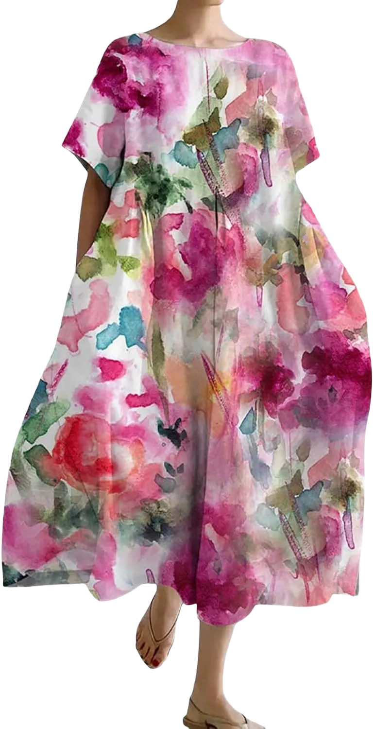 Womens Caftan Dresses Linen Short Sleeve Floral Maxi Maternity Dresses with Pockets Summer Beach Cover Ups Resort Wear 5X-Large H-hot Pink