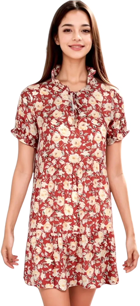 Anna-Kaci Women's Summer Dress Boho Ruffle Sleeve Floral Print Tie Neck Sun Dress- Large,Burgundy