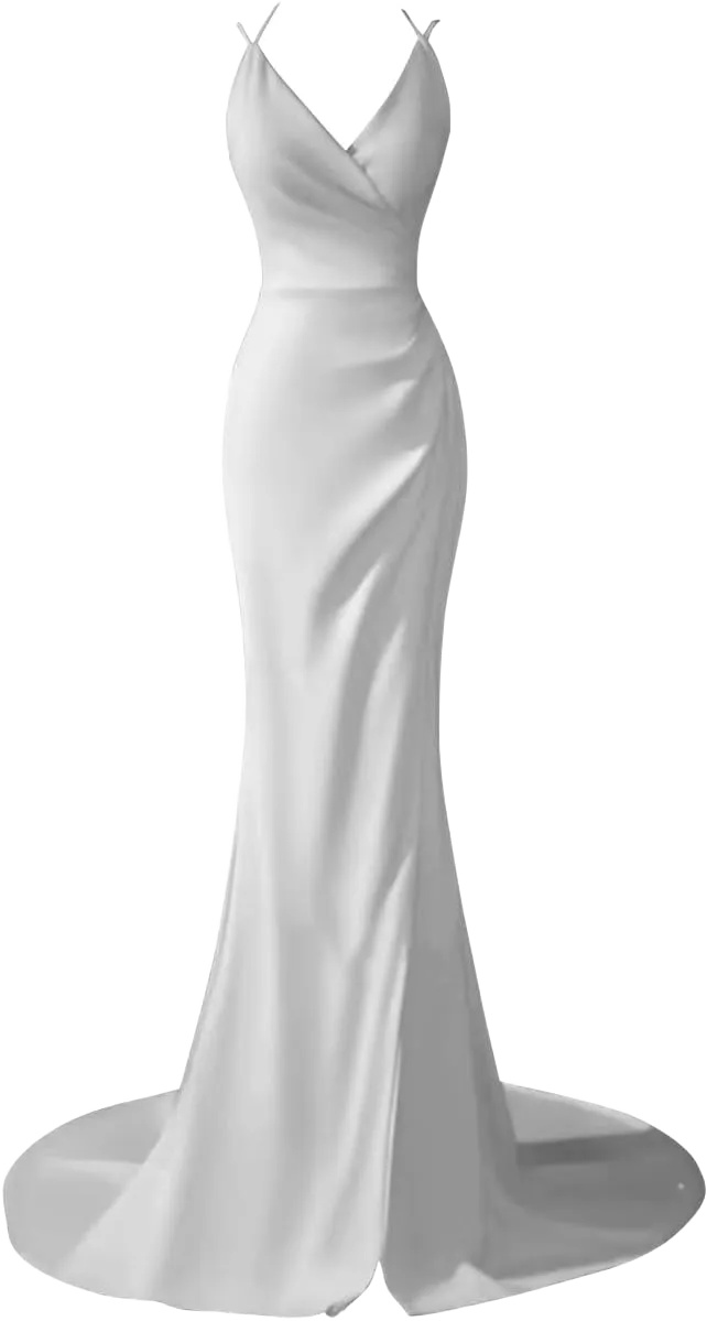 Satin Mermaid Prom Dresses for Women Spaghetti Strap V Neck Long Backless Evening Party Dresses with Slit 26 Plus White