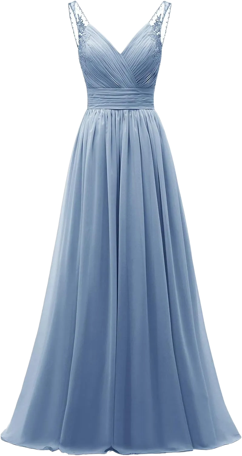 Chiffon Lace Bridesmaid Dresses Long for Women V Neck Pleated Tulle Straps A-Line Prom Evening Wedding Fomal Gowns 2 Dusty Blue
