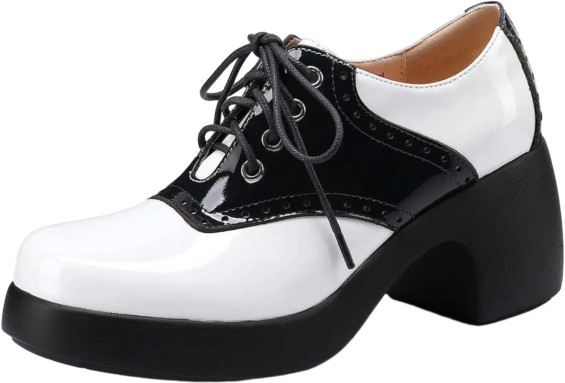 Women's Saddle Shoes, Retro Perforated Leather Oxfords, Platform Lace Up High Chunky Heels Pumps