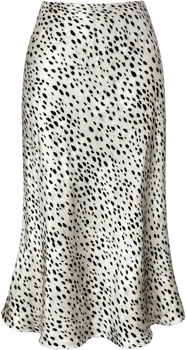 Women's Satin High Waist Hidden Elasticized Waistband Flared Casual A Line Midi Skirt Small White Leopard