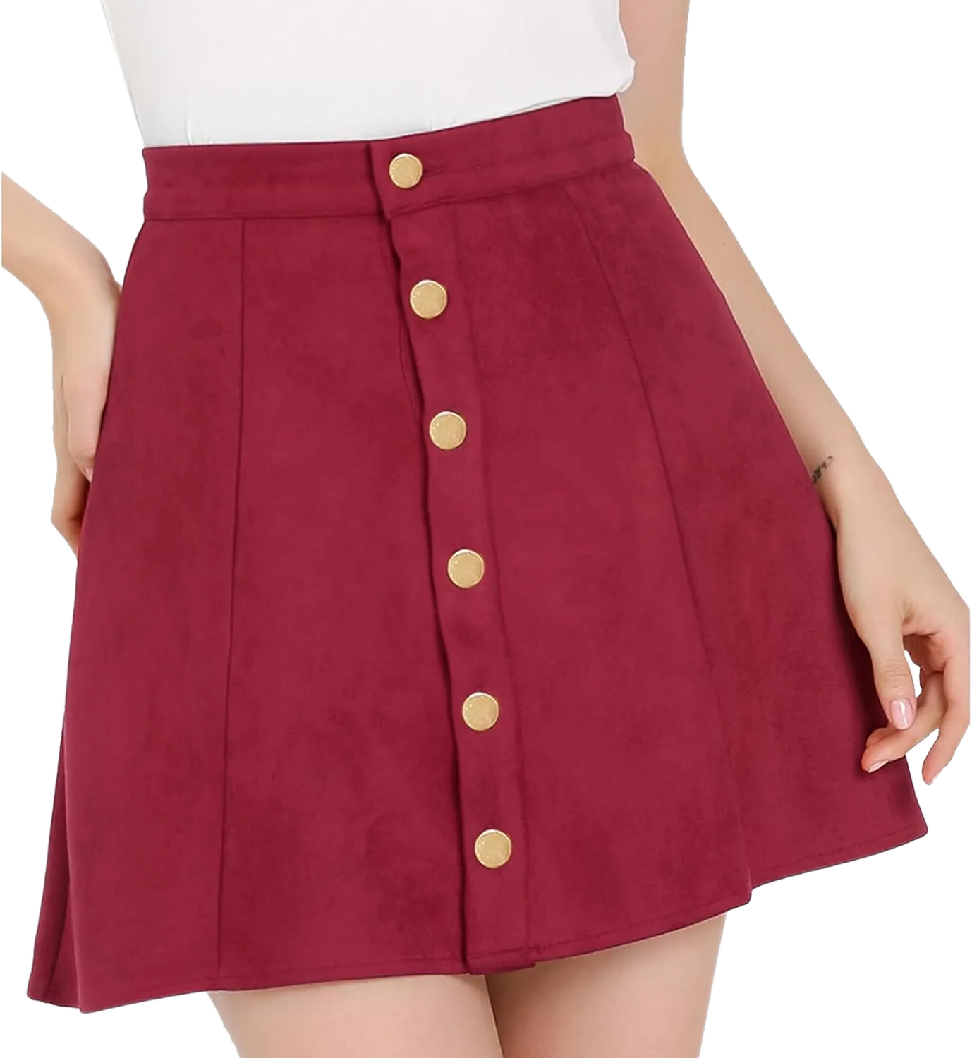 Allegra K Women's Faux Suede Button A-Line High Waisted Christmas Flared Mini Short Skirt Medium Wine Red