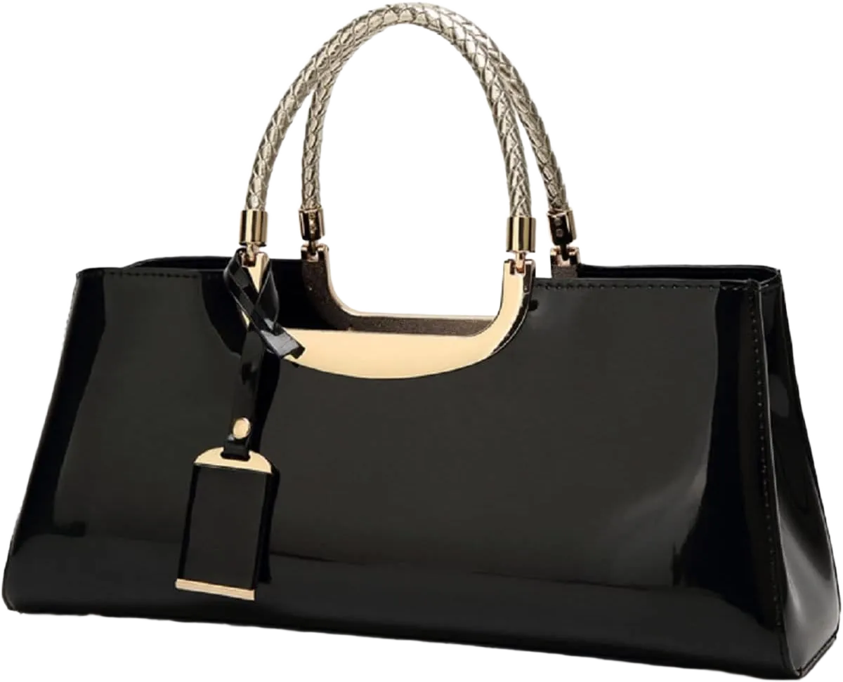 Glossy Women Handbag Faux Patent Leather Top-Handle Bag Structured Shoulder Bag Tote Evening Purse Party Satchel Black