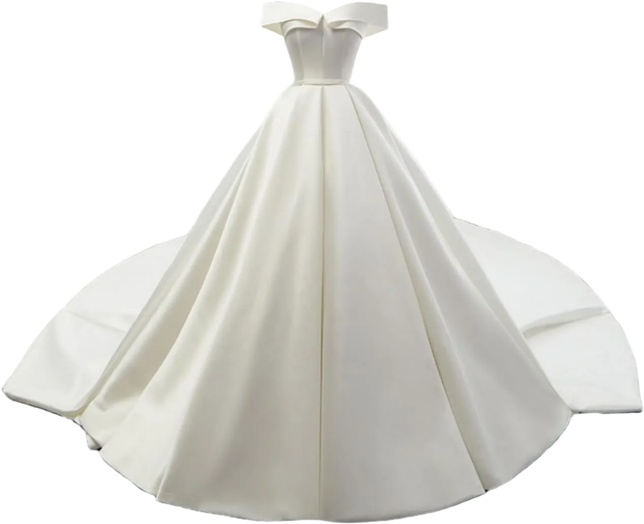 White Satin A Line Long Train Women's Wedding Dress Lace Up Off The Shoulder Bridal Gown 14 White