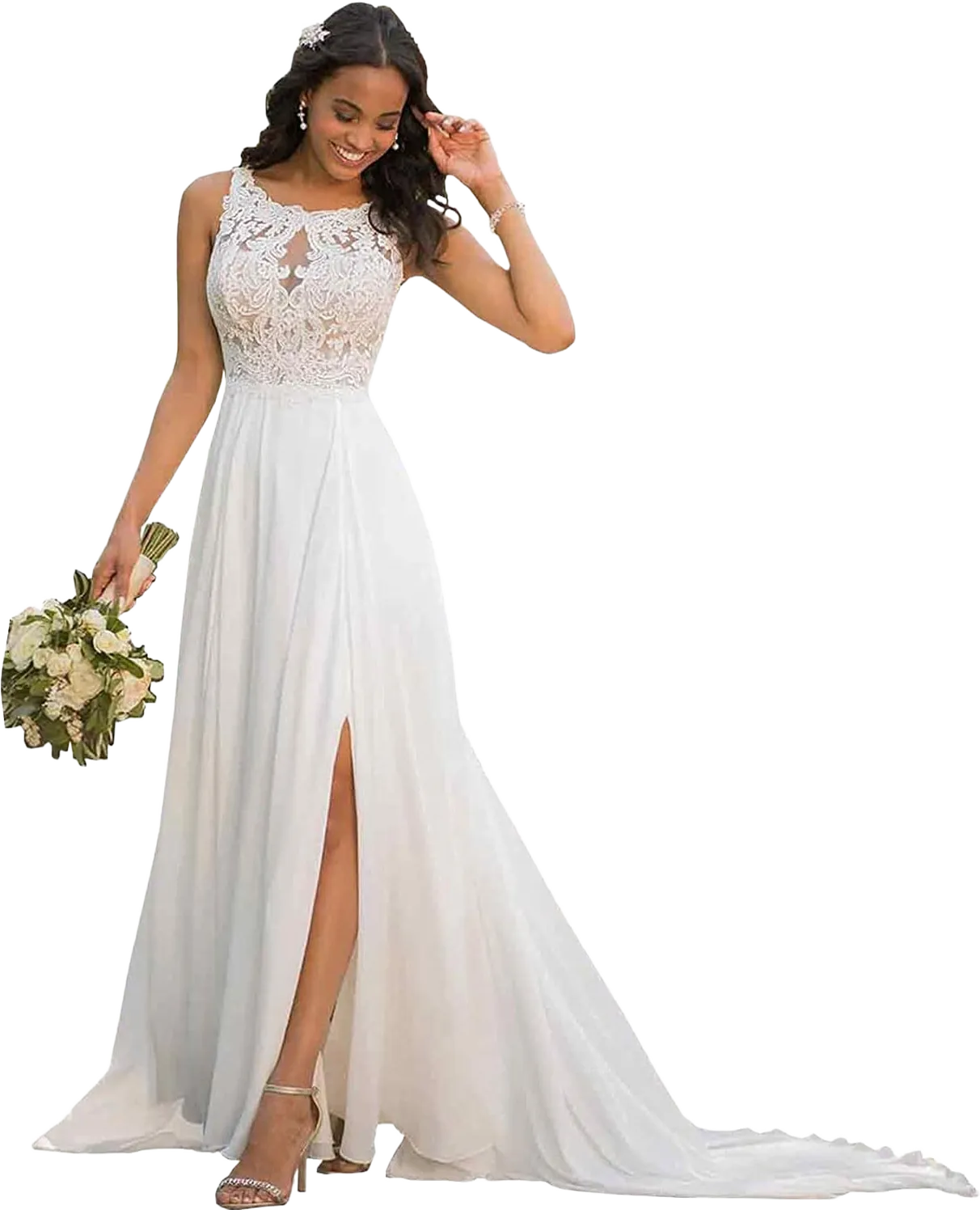 Chiffon A-line Beach Bridal Dress 2024 Boho Lace Applique Wedding Dress for Women White