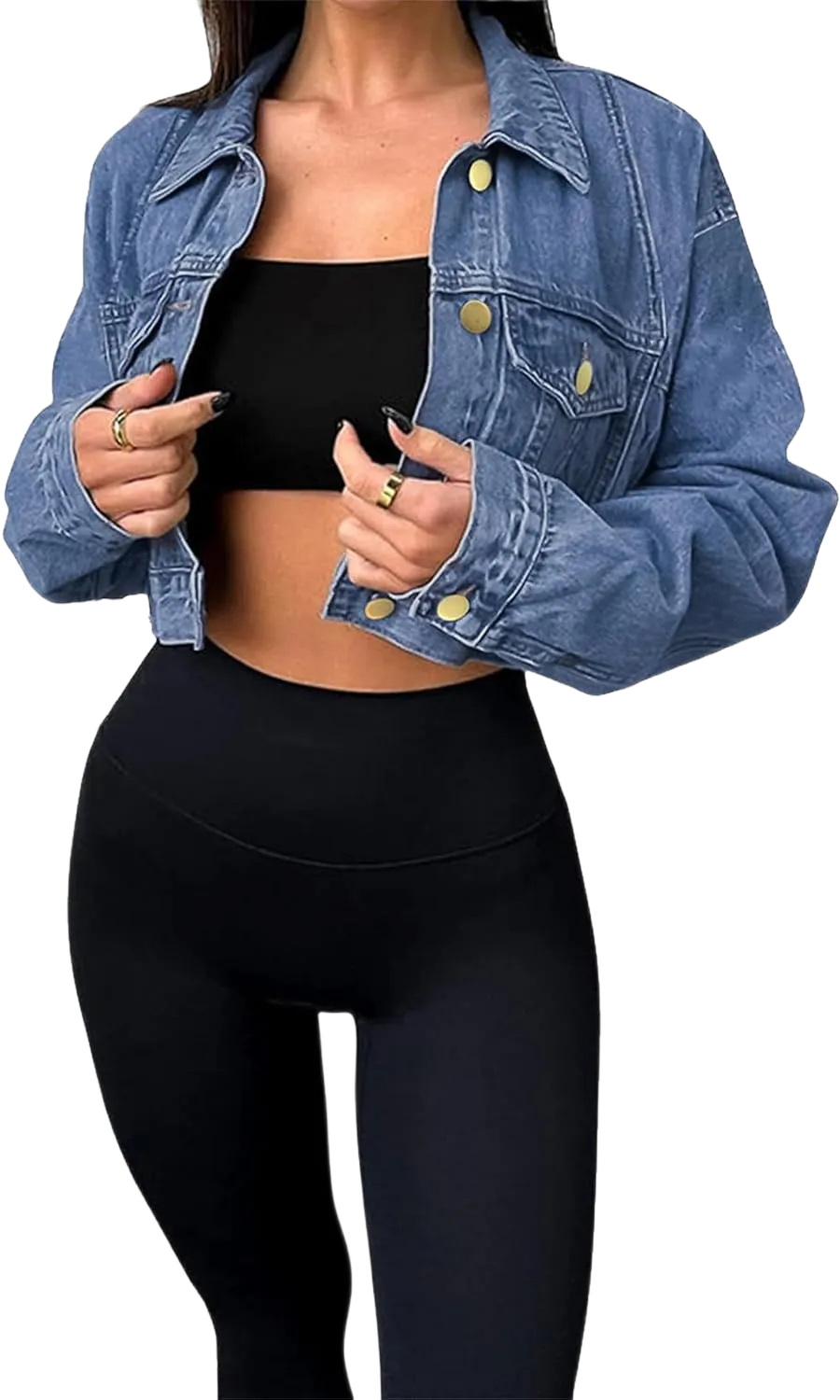 FairBeauty Women's Washed Distressed Denim Jacket Long Sleeve Ripped Button Up Cropped Jean Jacket A-blue Small