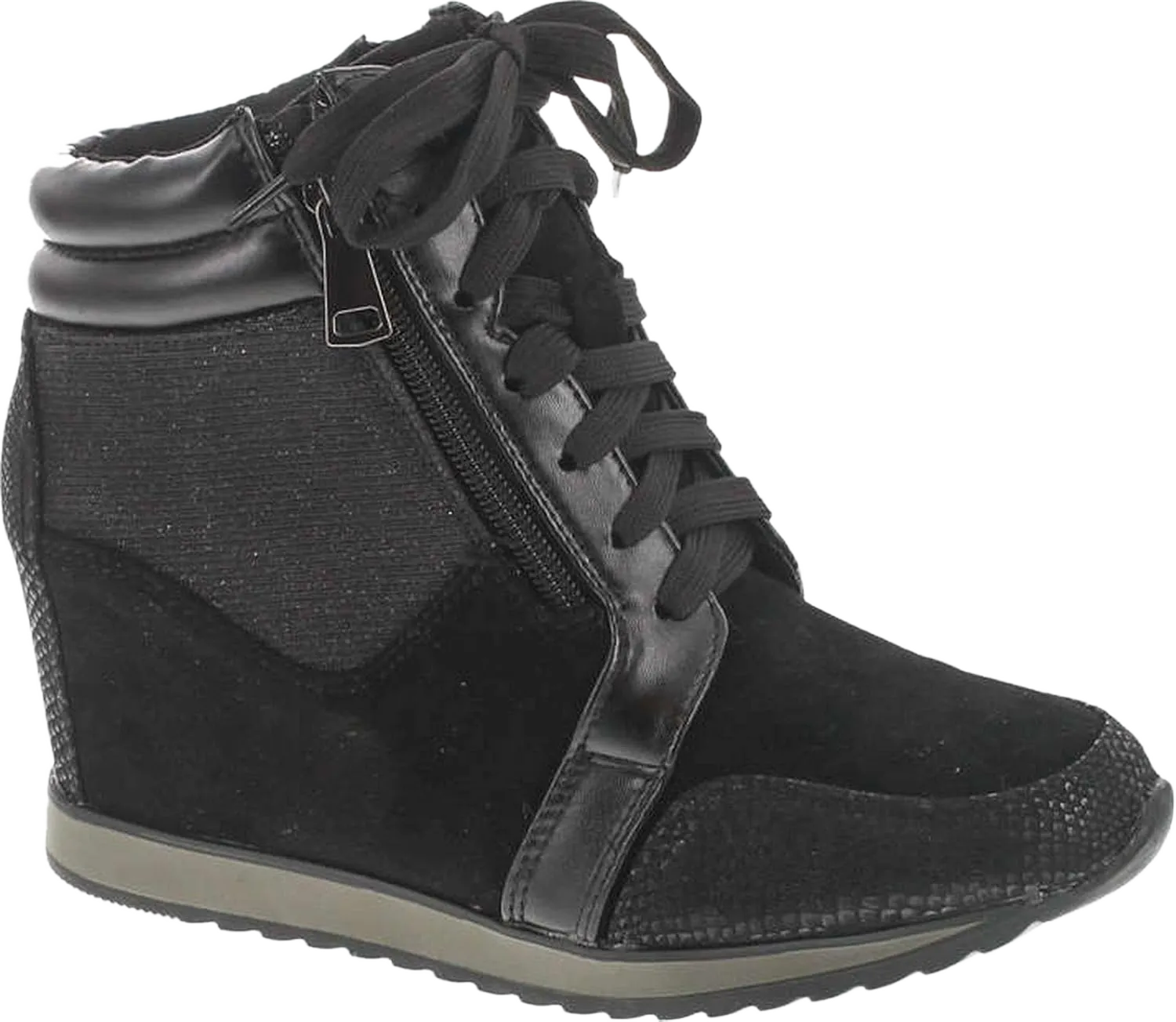 Forever Link Women's Fashion Glitter High Top Lace Up Wedge Sneaker Shoes 7 Black-2