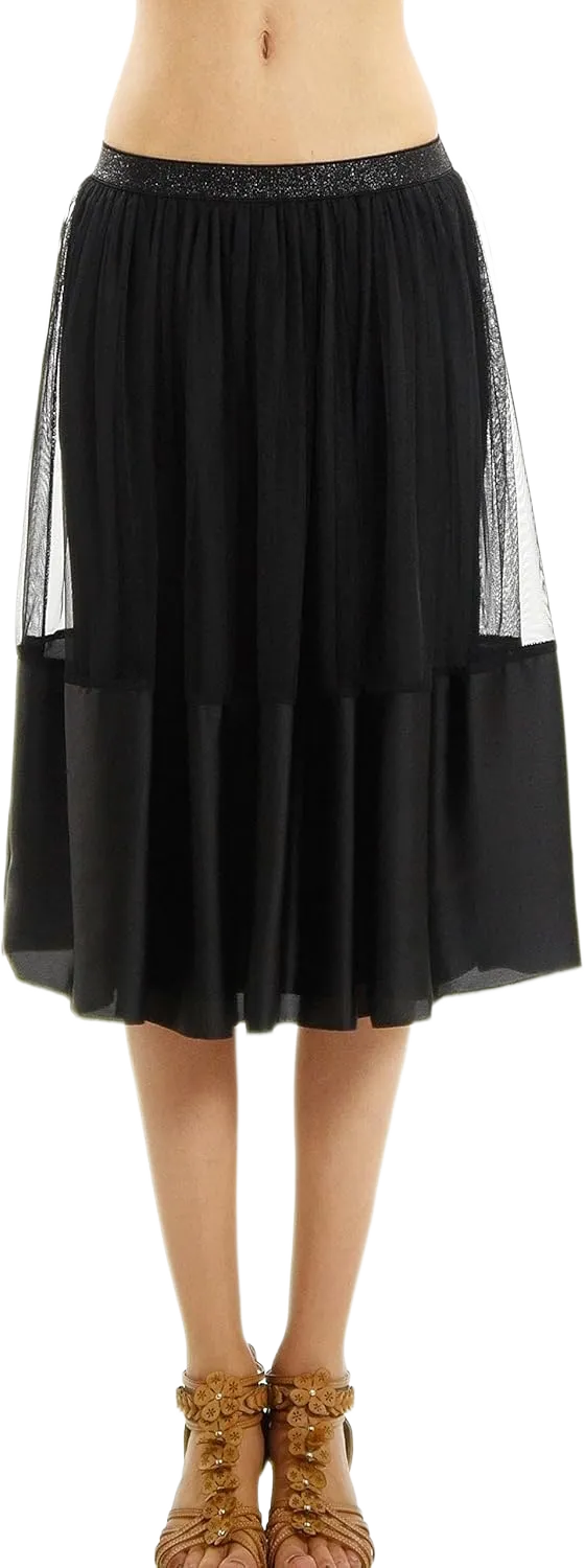 Women's Wide Satin Finished Midi Tulle Ballet Skirt Medium Black