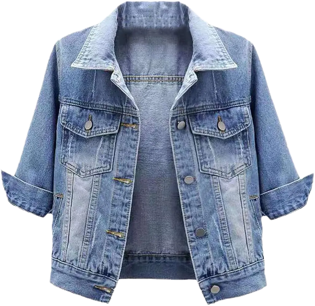 Denim Jacket Women's Top Solid Color Cropped Slim Fit Vintage Three-Quarter Sleeve Jacket Large Light Blue