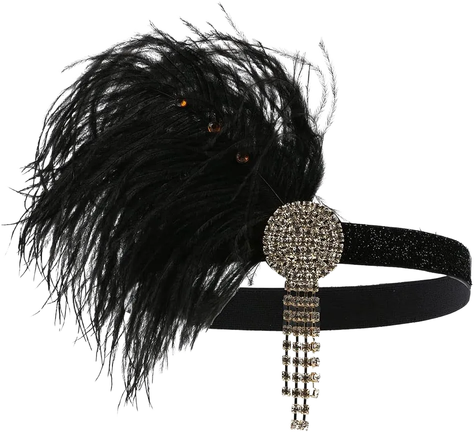 STIOEDYUAN 1920s Flapper Headband Hair Accessories for Women Roaring 20s Feather Headpiece Vintage Gatsby Party Rhinestone