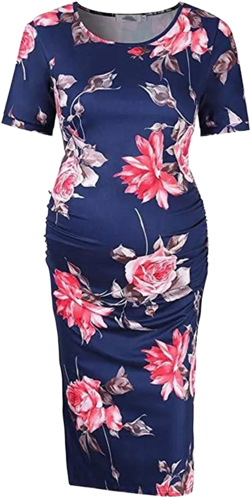 ManMan Women's Maternity Bodycon Causual Mama Dress for Daily Wear Baby Shower Ruched Side Large Short Sleeve,floral Blue