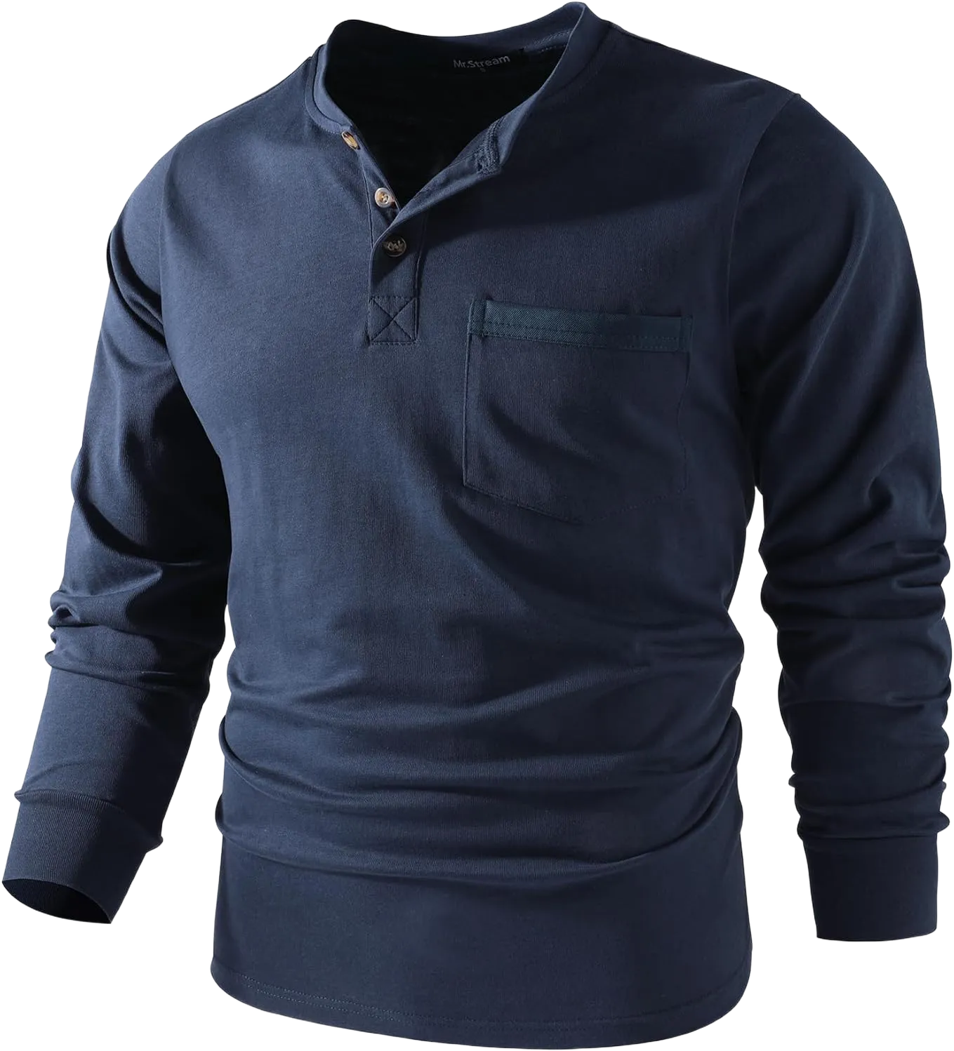 Mr.Stream Men's 3 Button Full Long Sleeve Pocket Work Henley T-Shirts Relaxed Fit 100% Cotton Heavyweight Tees Medium Navy Blue