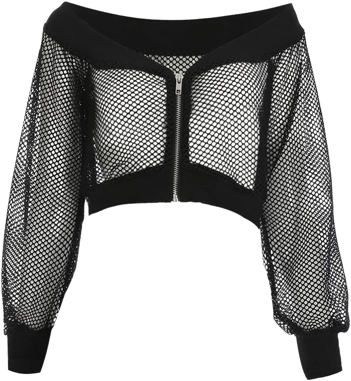 Women Fishnet Mesh Bomber Jacket Coat Mesh Sheer Zip up Long Sleeve See Through Crop Tops Large Black