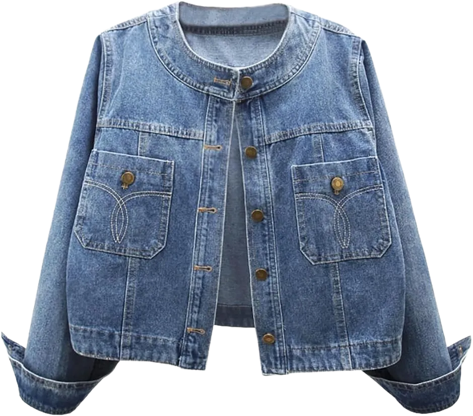 Women’s Collarless Long Sleeve Denim Jacket Round Neck Button Down Jean Jackets Large Wahsed Blue