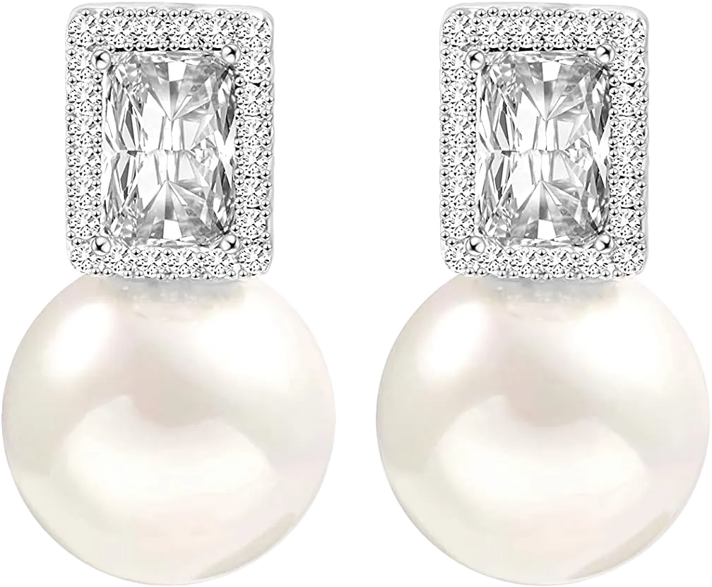925 Sterling Silver Hoop Handpicked AAA+ Quality 7.5-8mm White Freshwater Cultured Pearl Dangle Drop Earrings Jewelry for Women 3. Silver CZ