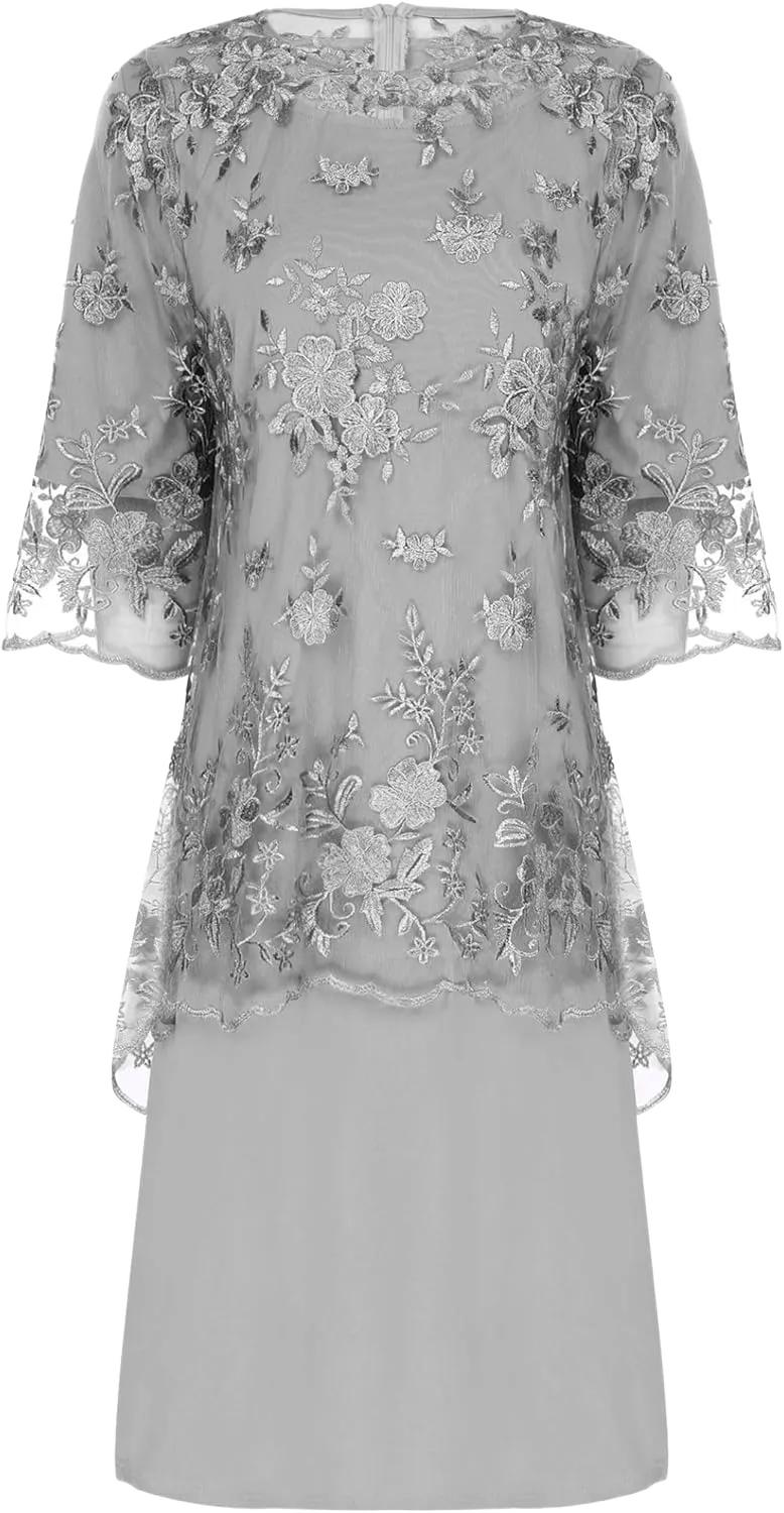 Mother of The Bride Dress for Women Formal Gowns Plus Size Lace Chiffon Dress Elegant Midi Dress 2pcs 4X-Large Grey