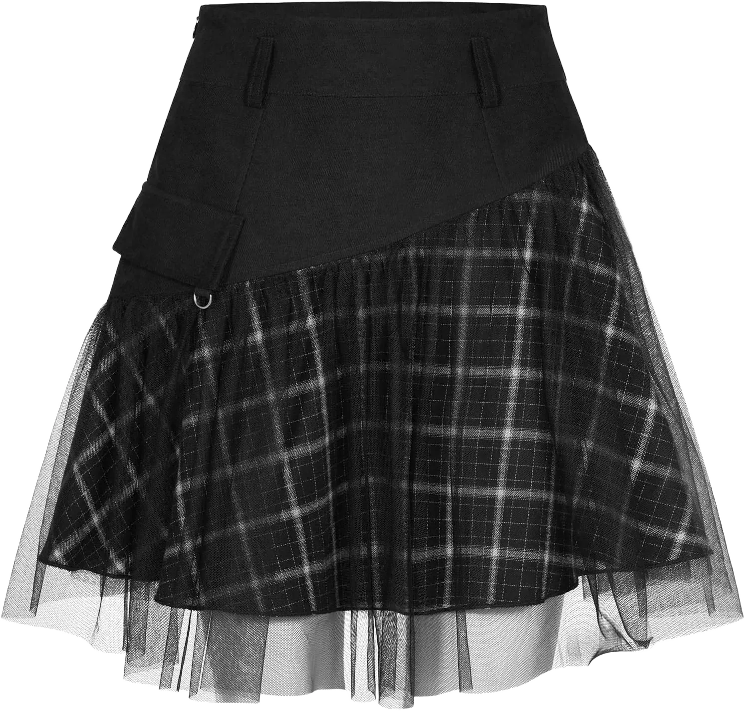 Women Gothic Skirts Women Goth Mini Plaid Skirt with Tulle Punk Dunk High Waist A-Line Party Skirt X-Large Black