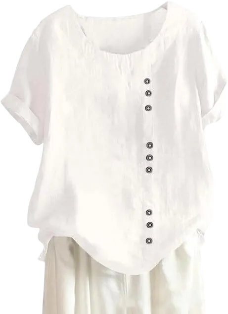 Women's Cotton Linen Shirts Short Sleeve Crewneck Blouse Button Casual Loose Fit T Shirt Tunic Tops for Summer White 4X-Large