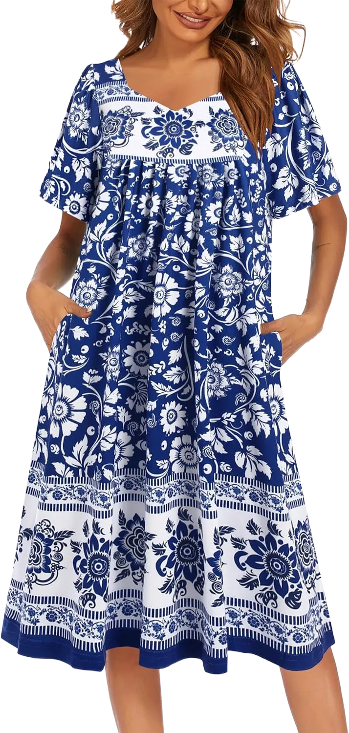 Ekouaer Women's House Dress Pleated Nightgown Short Sleeve Mumu Dress Lounge Dress With Pockets Blue Bohemian Flowers X-Large
