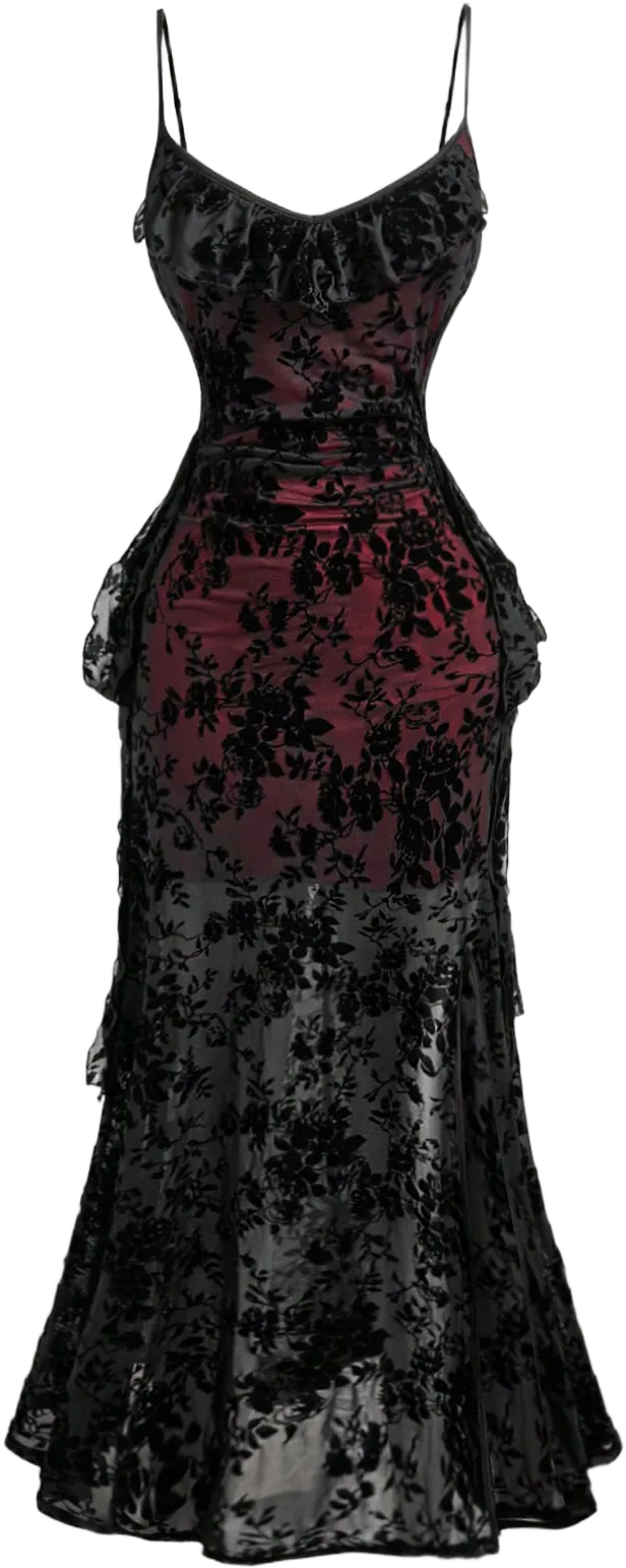 SHEIN MOD Plus Size Red & Black Velvet Slit Fitted Midi Dress,Fall/Winter Women Dresses,Christmas,Going Out ,Renaissance,Elegant ,Vintage, Women Dresses,Work,Business Casual Women,Birthday Women Outfits,Brunch,Beach Dresses,Graphics Dresses,Homecoming Dresses,Bridesmaid Dress,Long Black Dress,Evening Dress