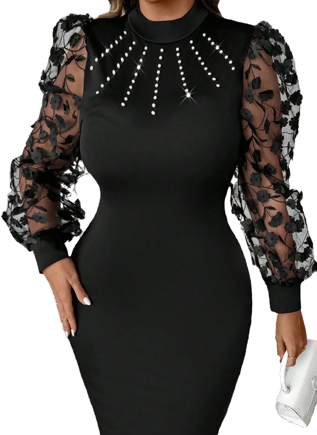 SHEIN Clasi Plus Size 3D Floral Patchwork Knitted Black Mid-Length Fitted Slim-Fit High Collar Bubble Sleeve Dress With Pearl Embellishment On Front Neckline, Elegant Maxi Women Outfit