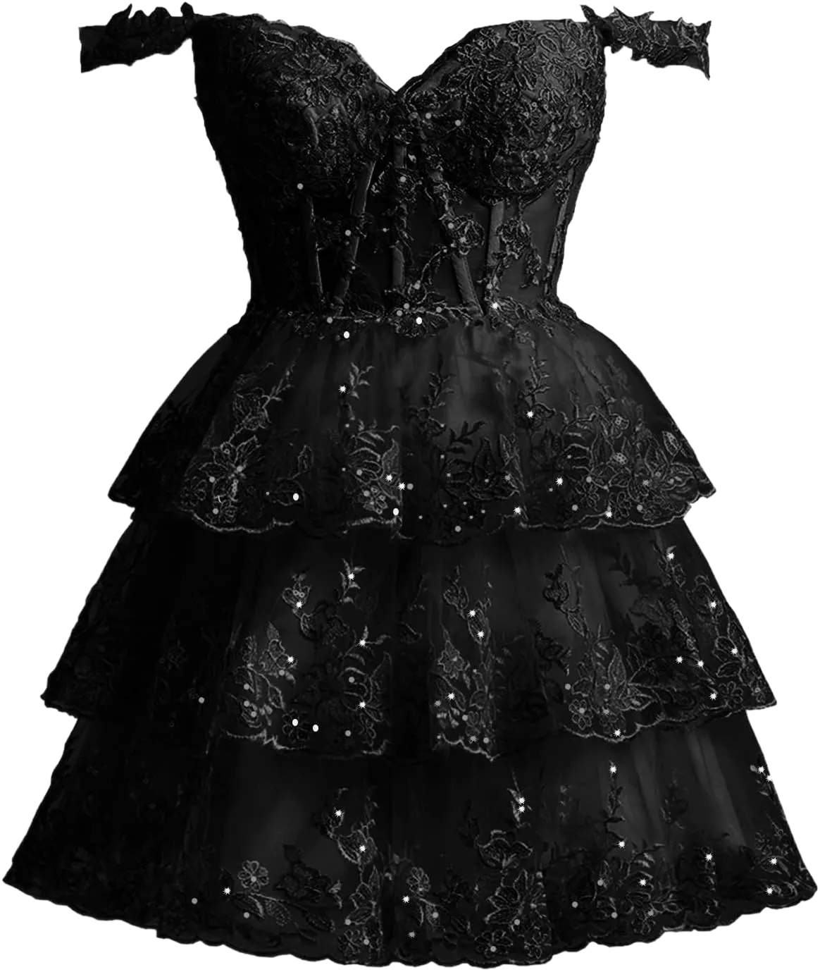 Sevintage Women’s Lace Applique Tulle Homecoming Dresses 2024 Corset A Line Cute Formal Party Gowns Big Girls Off Shoulder Cocktail Dresses,Black Size 22W