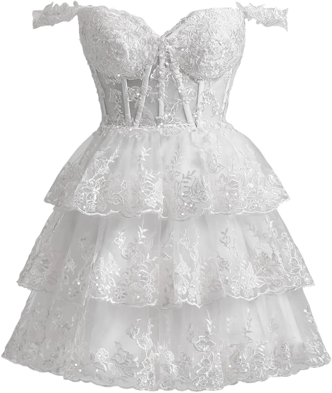 Sevintage Lace Applique Tulle 2023 Homecoming Dresses for Women White Off The Shoulder A Line Corset Tiered Formal Party Gowns for Teens Short Size 4