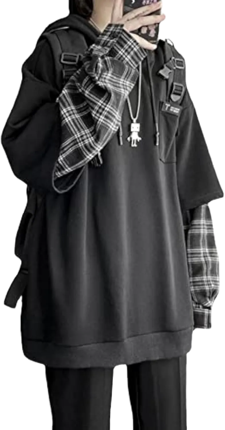 YUESUO Emo Streetwear Vintage Hoodie Women Men Oversized Sweatshirt Punk Patchwork Pullovers Grunge Plaid Hoodie Clothes X-Large Black