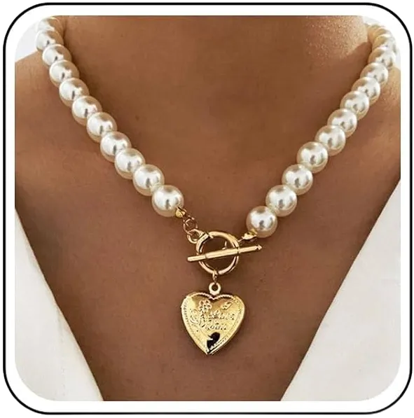 Vintage Heart Pendant Necklace Big Pearl Necklace Choker Gold Toggle Chain Necklaces Initial Letter Choker Necklace Jewelry for Women(Heart)