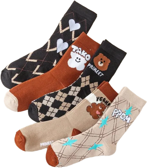 5 Pairs Women's Multi-Color Teddy Bear Pattern Thermal Lined Thick Crew Socks For Autumn/Winter