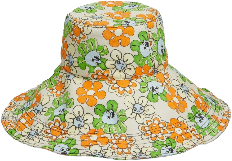 floral-print wide-brim cotton hat