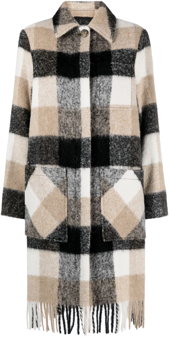 plaid-check fringed-hem coat