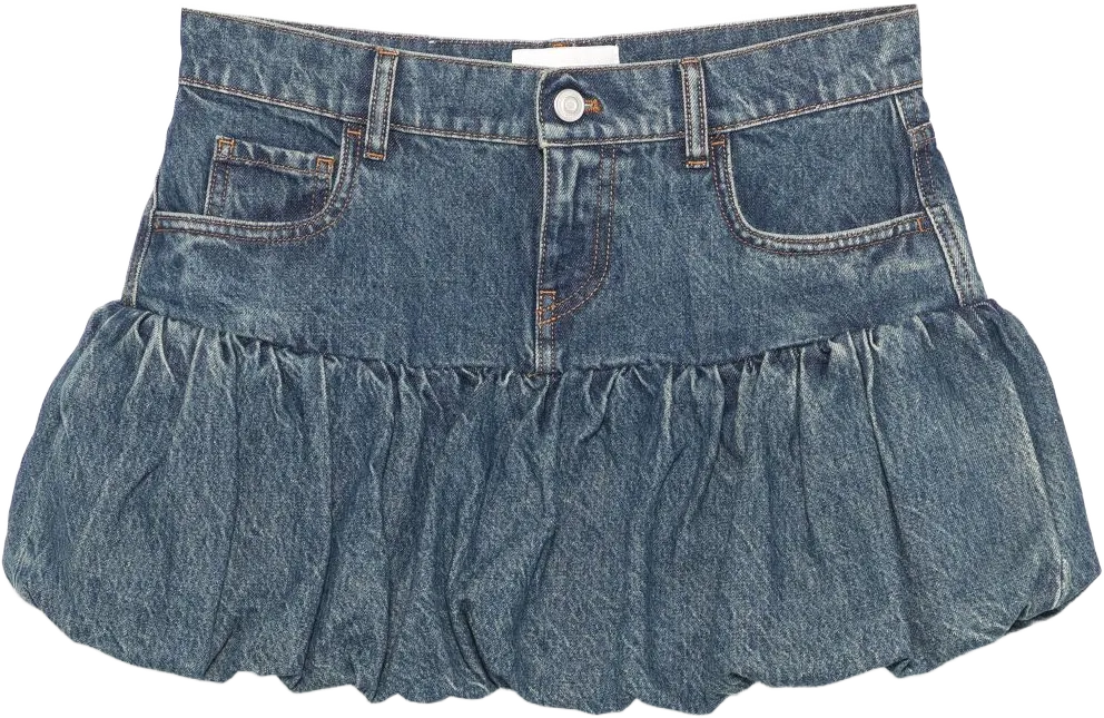 gathered-hem denim mini skirt
