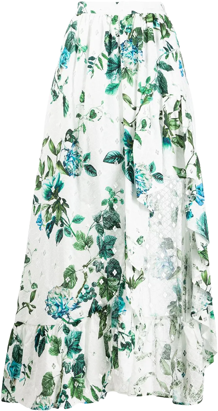 asymmetric ruffled floral print skirt