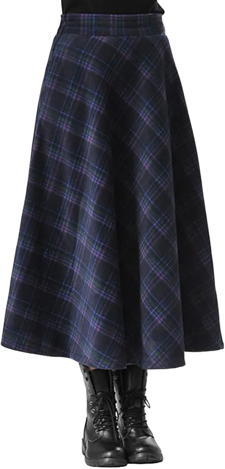 Women’s Plaid Long Wool Skirt High Waist A-Line Pleated Maxi Skirt with Pockets