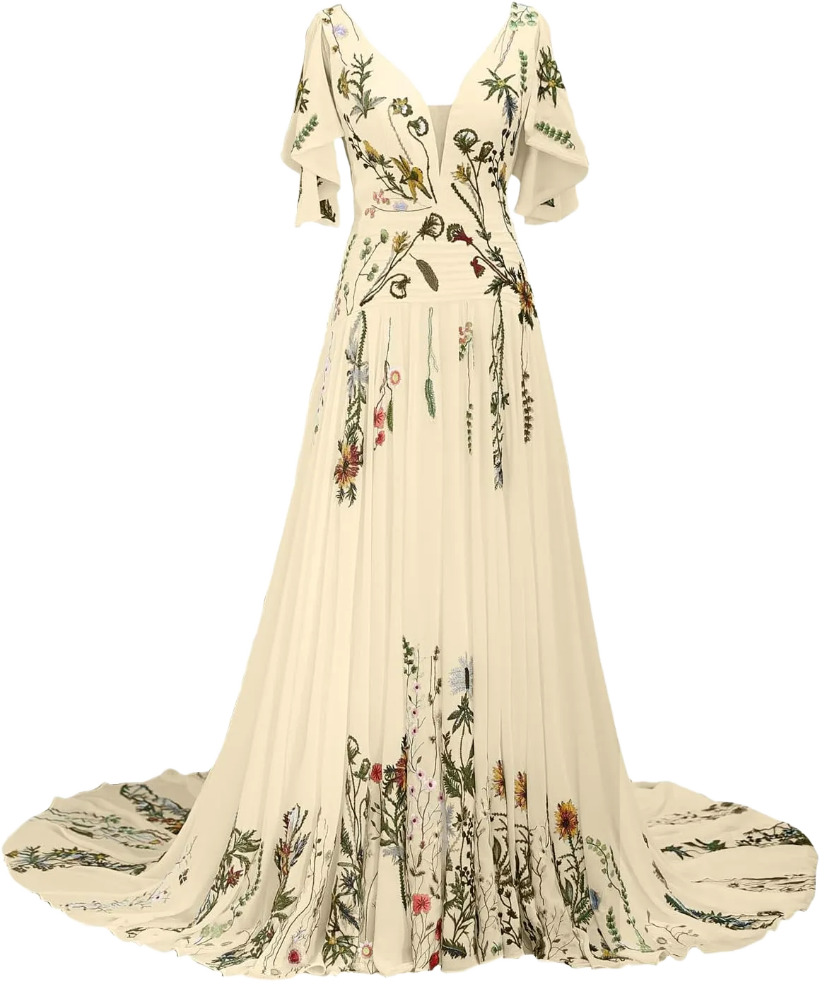 Floral Embroidered Wedding Dresses for Women Bride 2025 Long Chiffon Cap Sleeve Plunging V Neck A Line Bridal Gown 8 Champagne